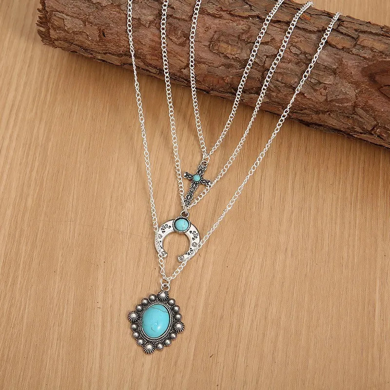 Trendsi three-layered turquoise necklace featuring intricate beading and silver accents for a trendy look