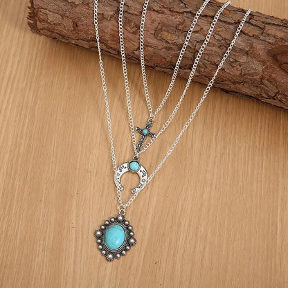 Trendsi three-layered turquoise necklace featuring intricate beading and silver accents for a trendy look