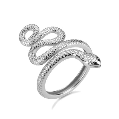 Trendy unique silver snake jewelry ring featuring an intricately designed snake wrapping around the band
