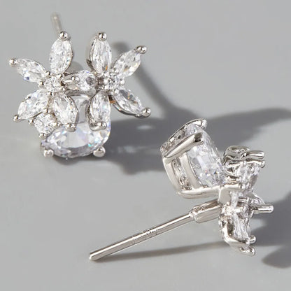 Trendsi zircon flower stud earrings featuring a floral design with sparkling crystals